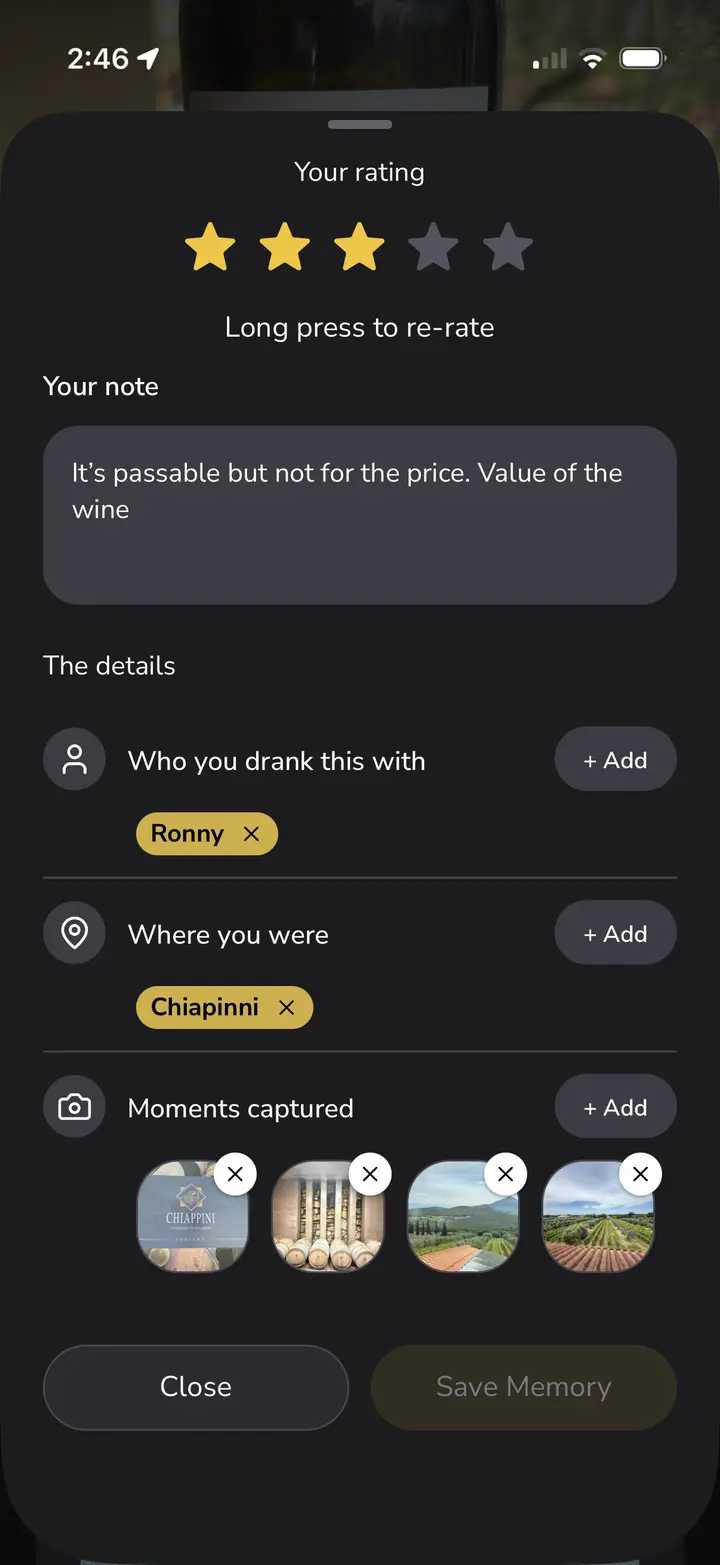 Creating a personal wine memory in Veeno